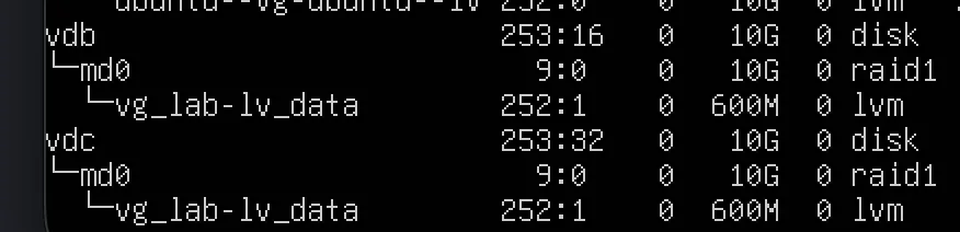 lsblkでRAID1とLVMの階層構成を確認