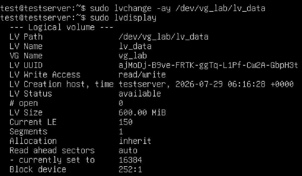lvchange -ayで再アクティブ化しLV Statusがavailableに