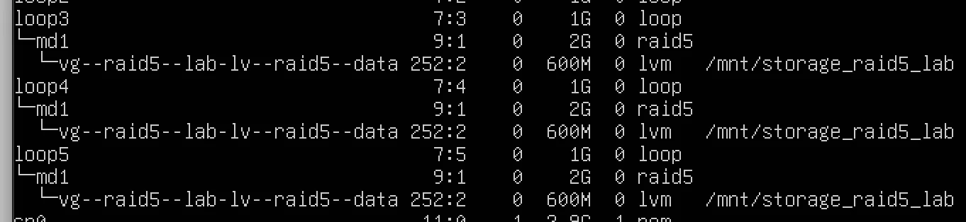 lsblkでRAID5とLVMの階層構成を確認